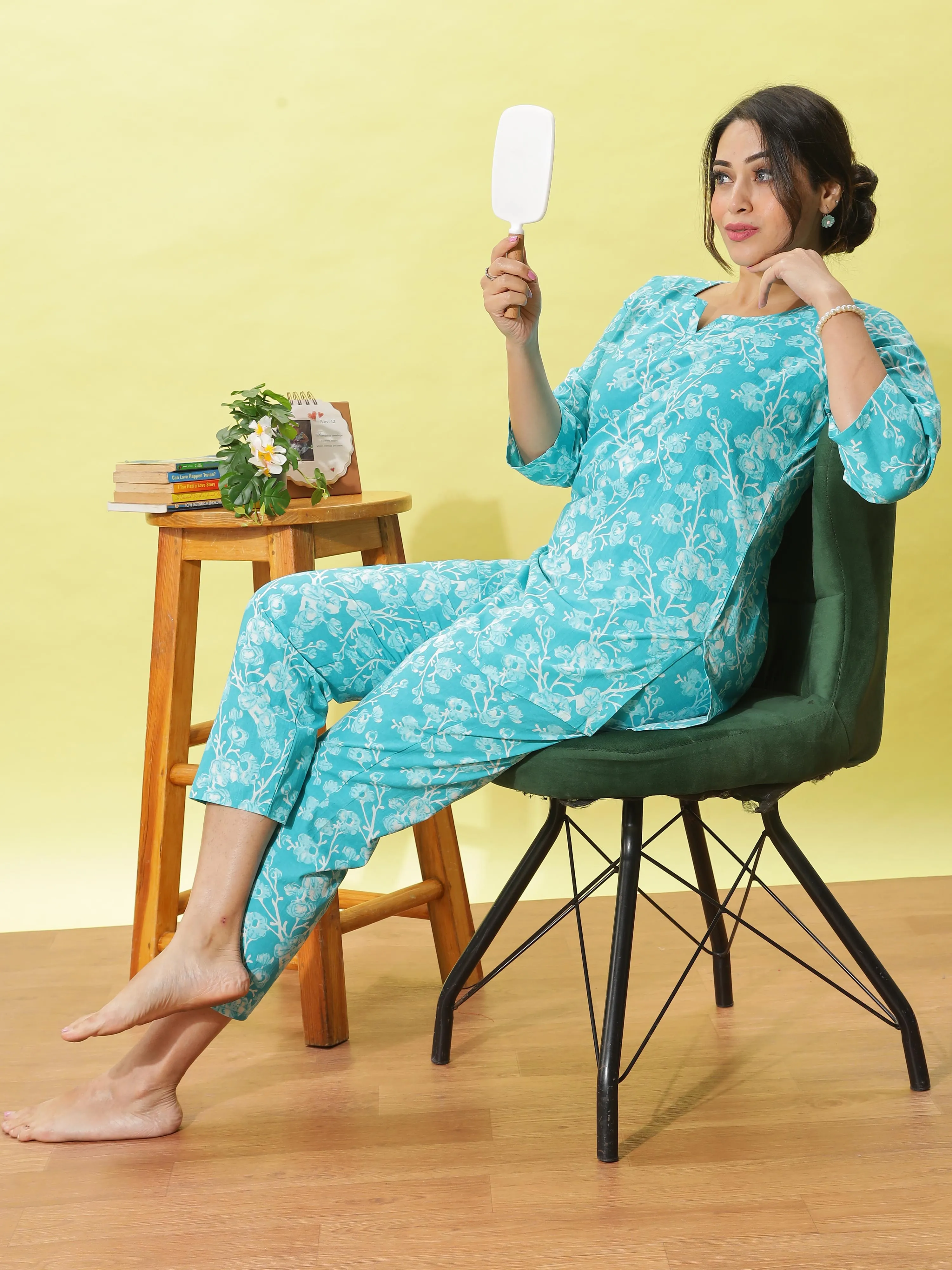 Aqua Blue Cotton Pyjama Set for Women Floral Nightwear & Loungewear