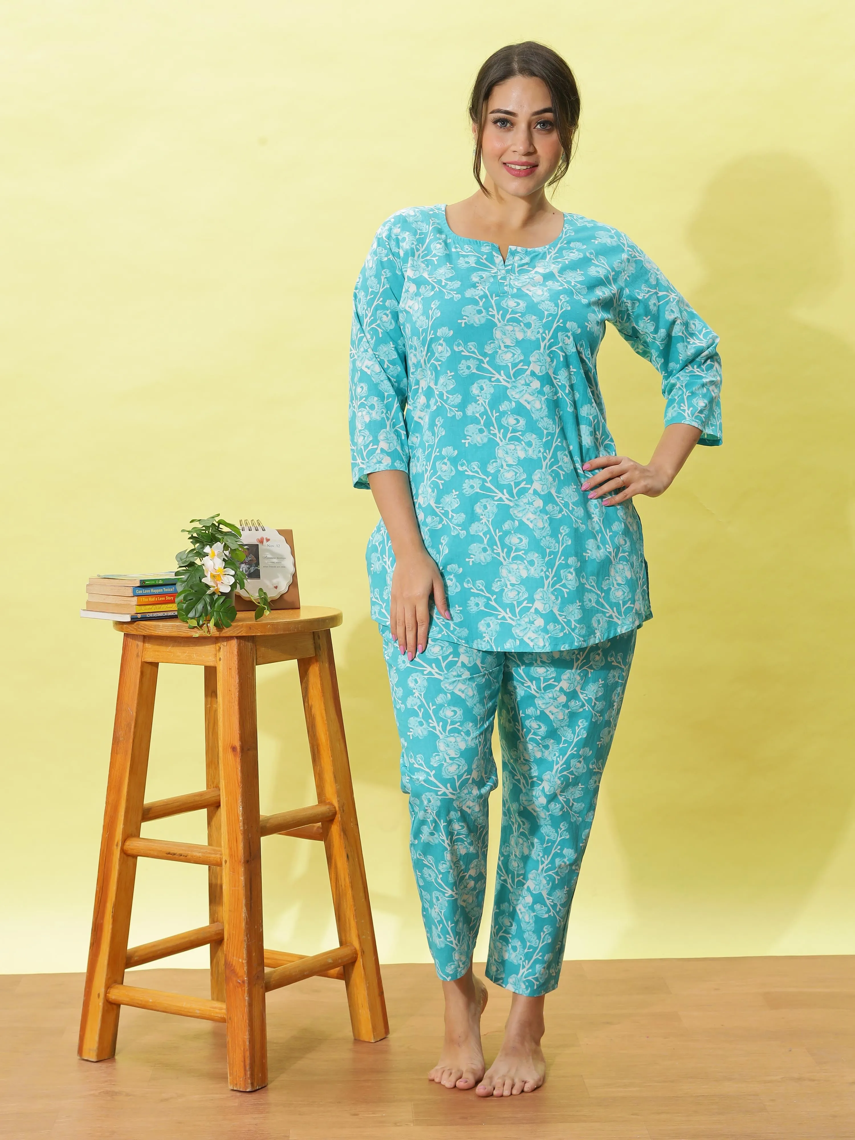 Aqua Blue Cotton Pyjama Set for Women Floral Nightwear & Loungewear