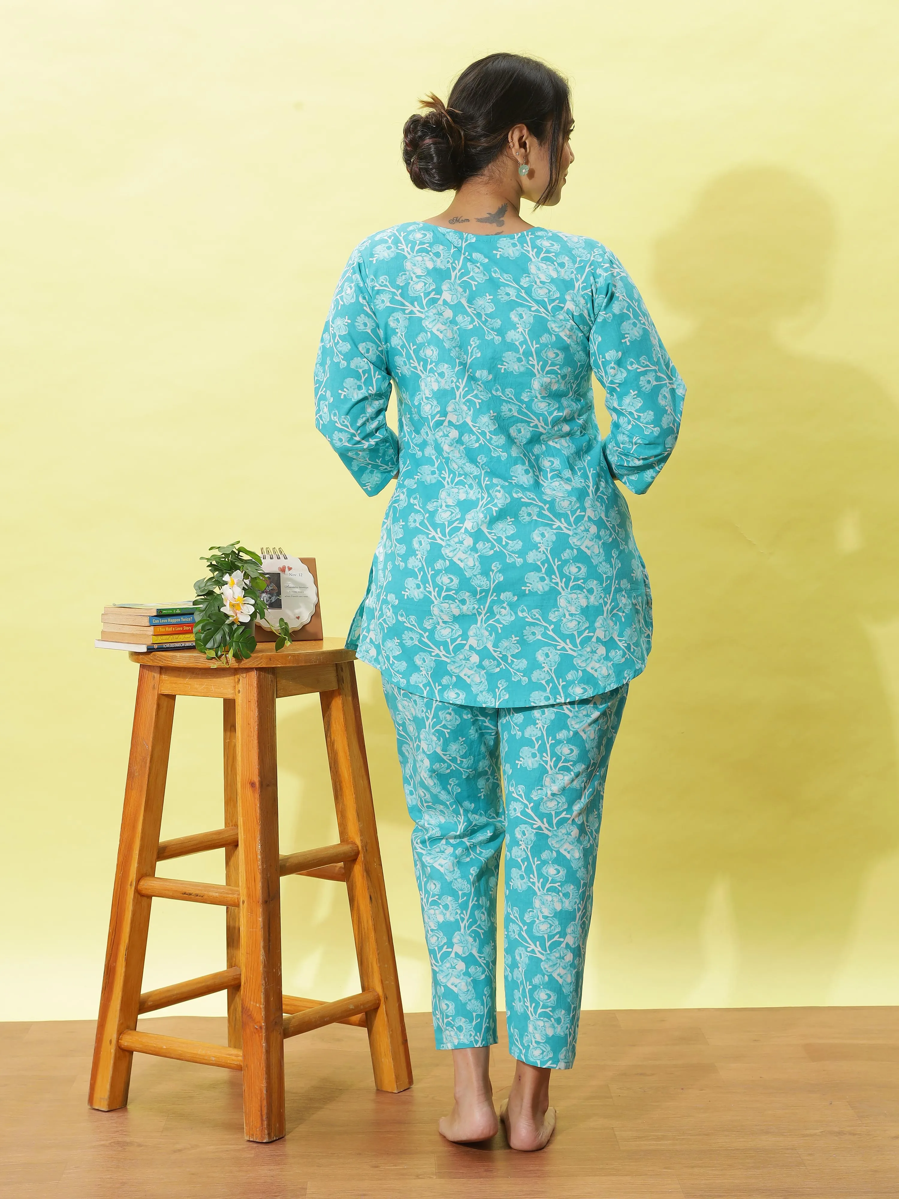 Aqua Blue Cotton Pyjama Set for Women Floral Nightwear & Loungewear