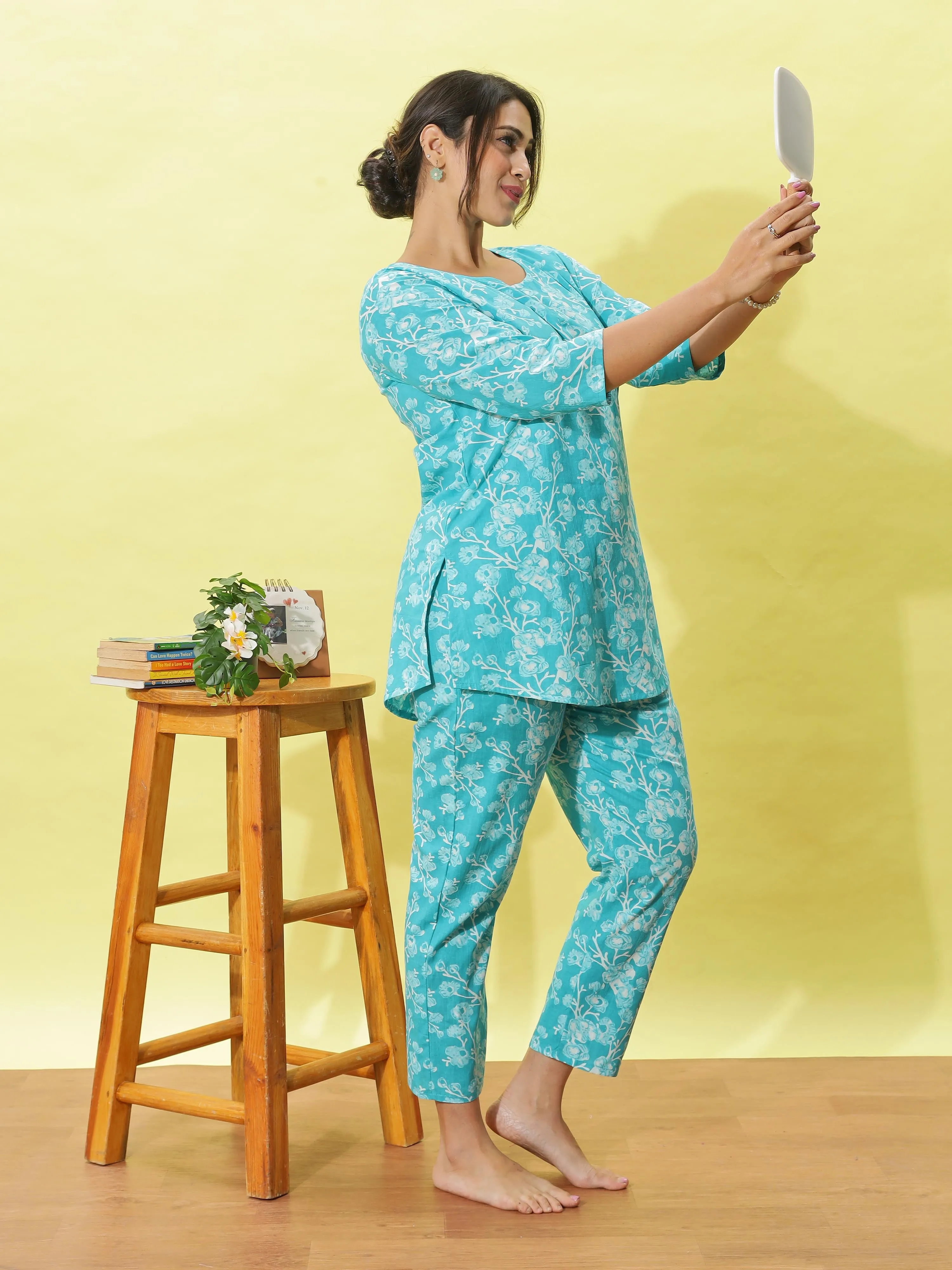 Aqua Blue Cotton Pyjama Set for Women Floral Nightwear & Loungewear