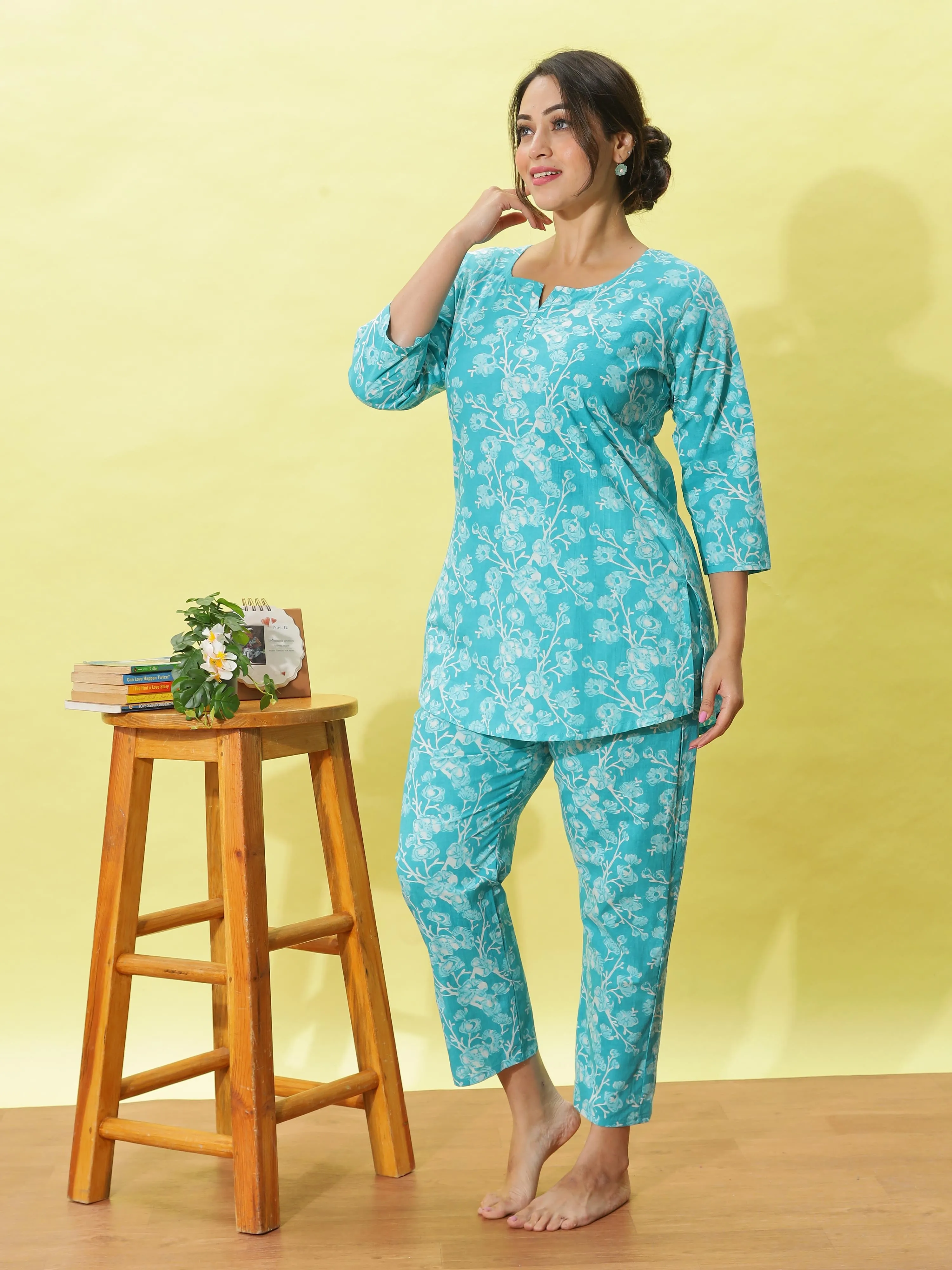 Aqua Blue Cotton Pyjama Set for Women Floral Nightwear & Loungewear