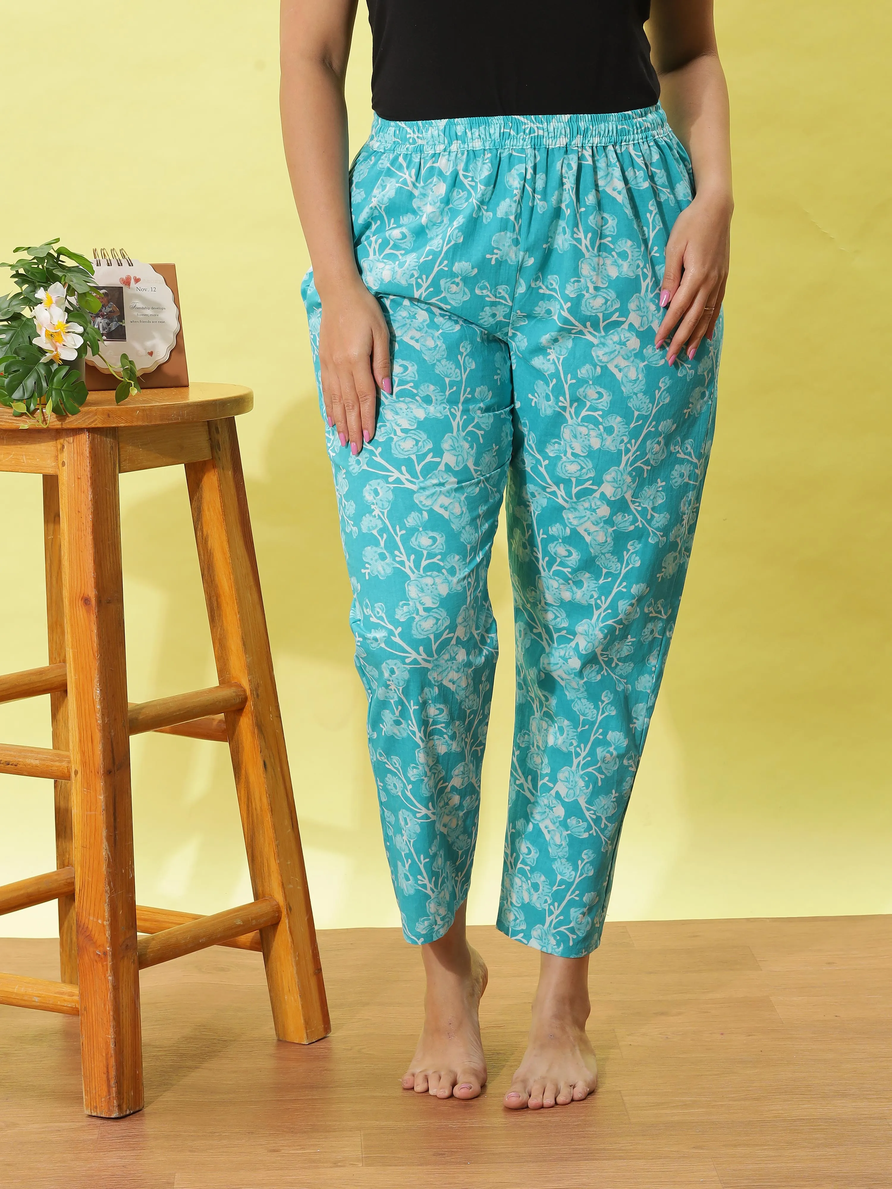 Aqua Blue Cotton Pyjama Set for Women Floral Nightwear & Loungewear