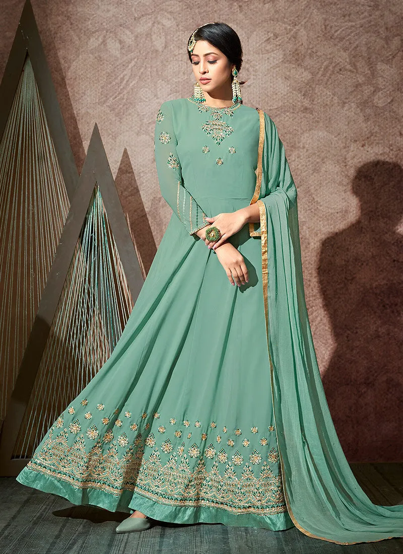 Aqua Blue Embroidered Anarkali Suit