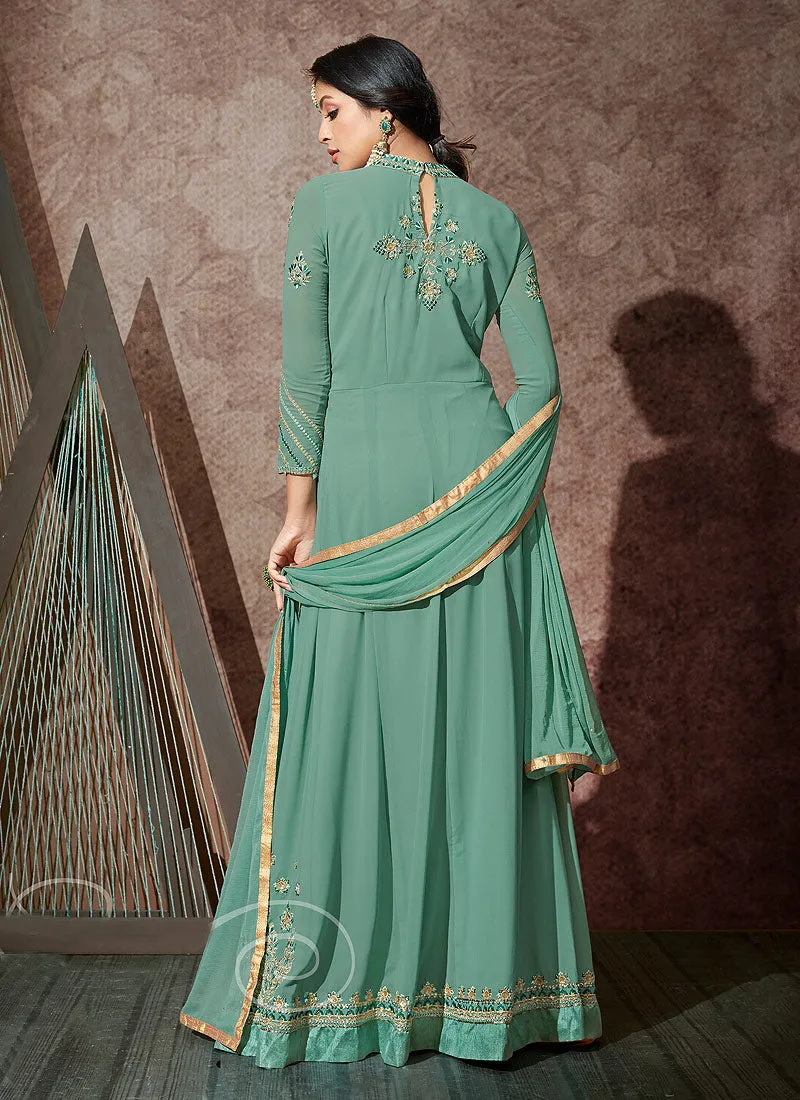 Aqua Blue Embroidered Anarkali Suit