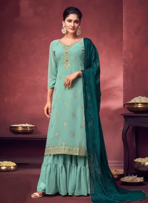 Aqua Blue Embroidered Georgette Gharara Suit