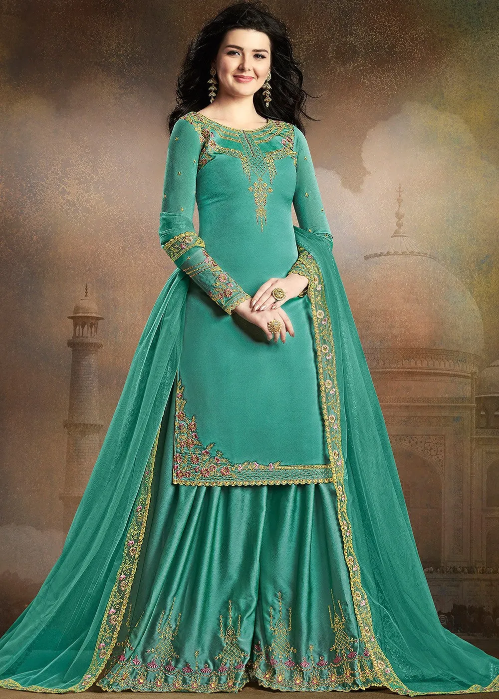 Aqua Blue Embroidered Indian Gharara Suit