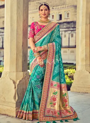 Aqua Blue Embroidered Patola Silk Wedding Saree