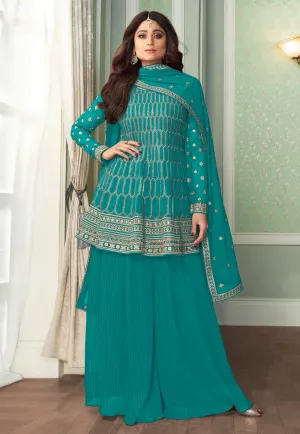 Aqua Blue Embroidered Peplum Gharara Suit