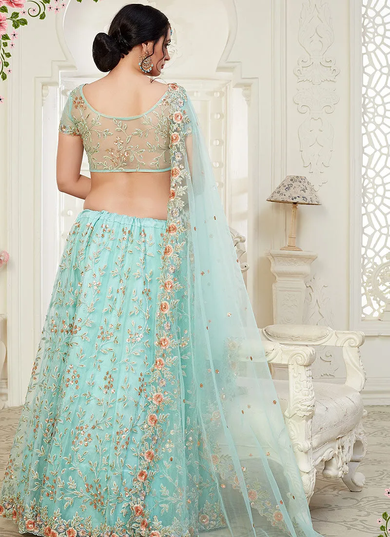 Aqua Blue Floral Embroidered Designer Lehenga Choli