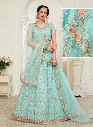 Aqua Blue Floral Embroidered Designer Lehenga Choli