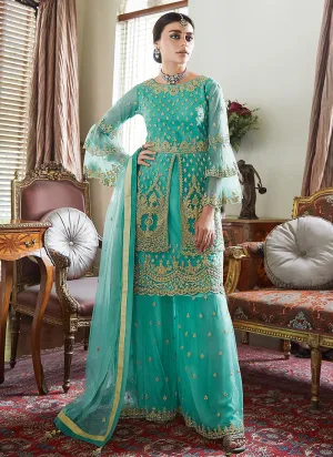 Aqua Blue Golden Embroidered Designer Gharara Suit