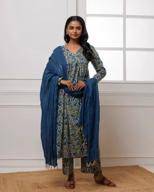 Aqua Blue Hand Block Printed Suit Set With Dupatta