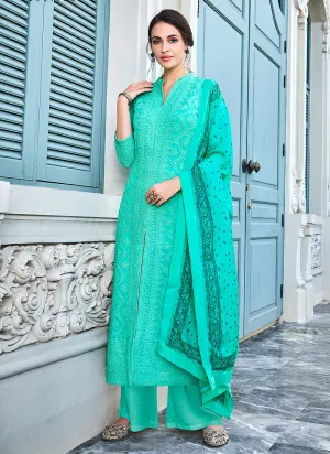 Aqua Blue Lucknowi Embroidered Pants Suit