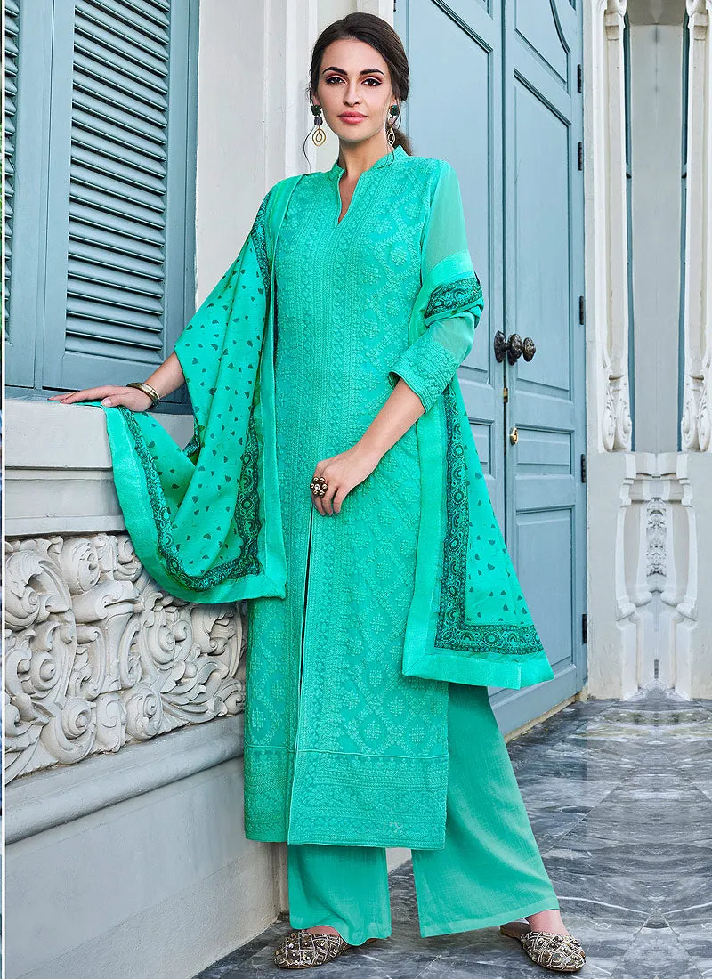 Aqua Blue Lucknowi Embroidered Pants Suit