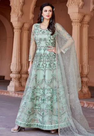 Aqua Blue Multi Embroidered Net Anarkali Suit