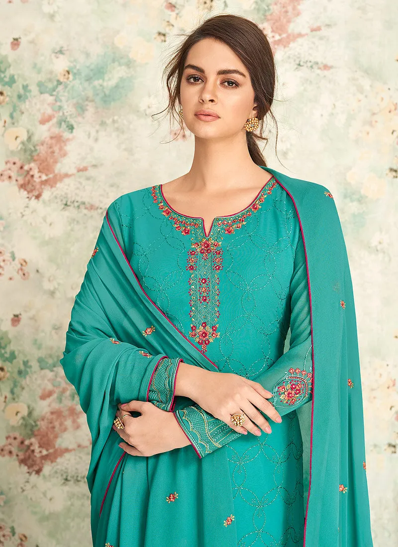 Aqua Blue Multi Embroidered Palazzo Suit