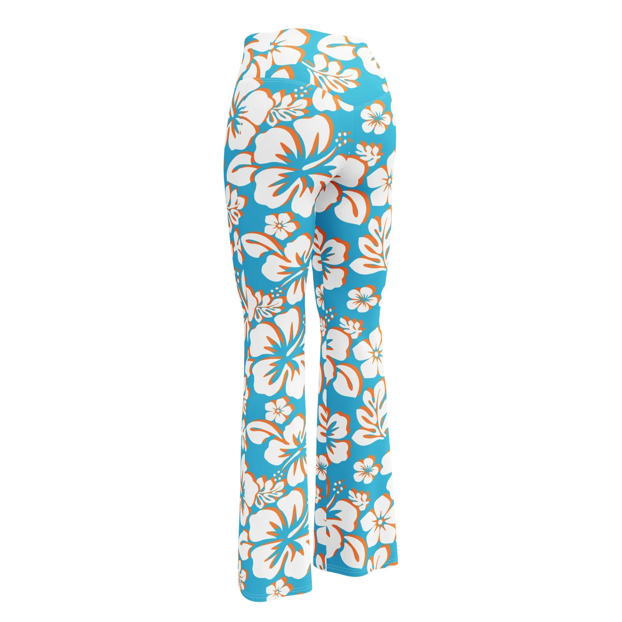 Aqua Blue, Orange and White Hawaiian Flowers Flare Leggings