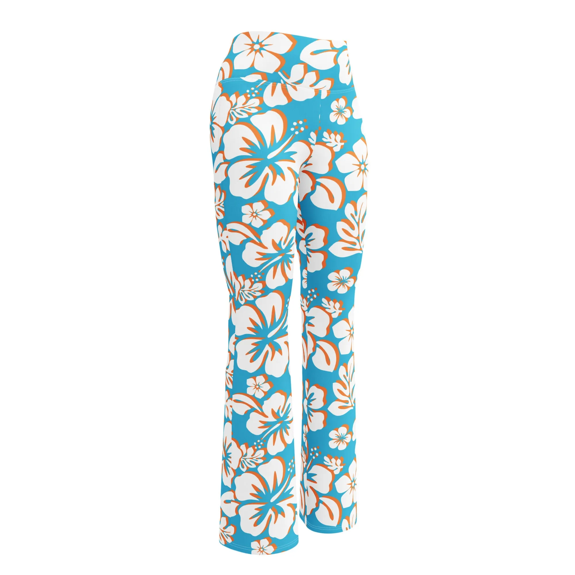 Aqua Blue, Orange and White Hawaiian Flowers Flare Leggings