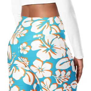 Aqua Blue, Orange and White Hawaiian Flowers Flare Leggings