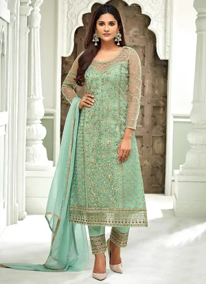 Aqua Blue Pakistani Embroidered Pant Suit