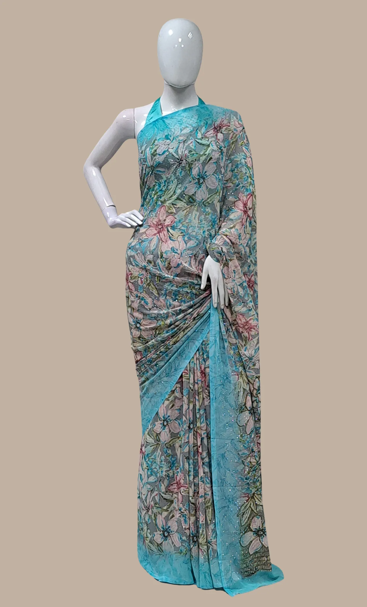 Aqua Blue Printed Sari