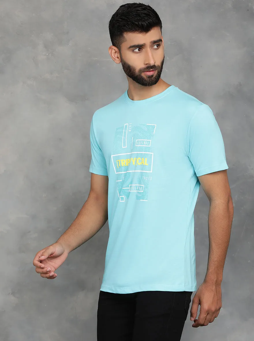 Aqua Blue Printed Slim Fit T-Shirt | GreenFibre