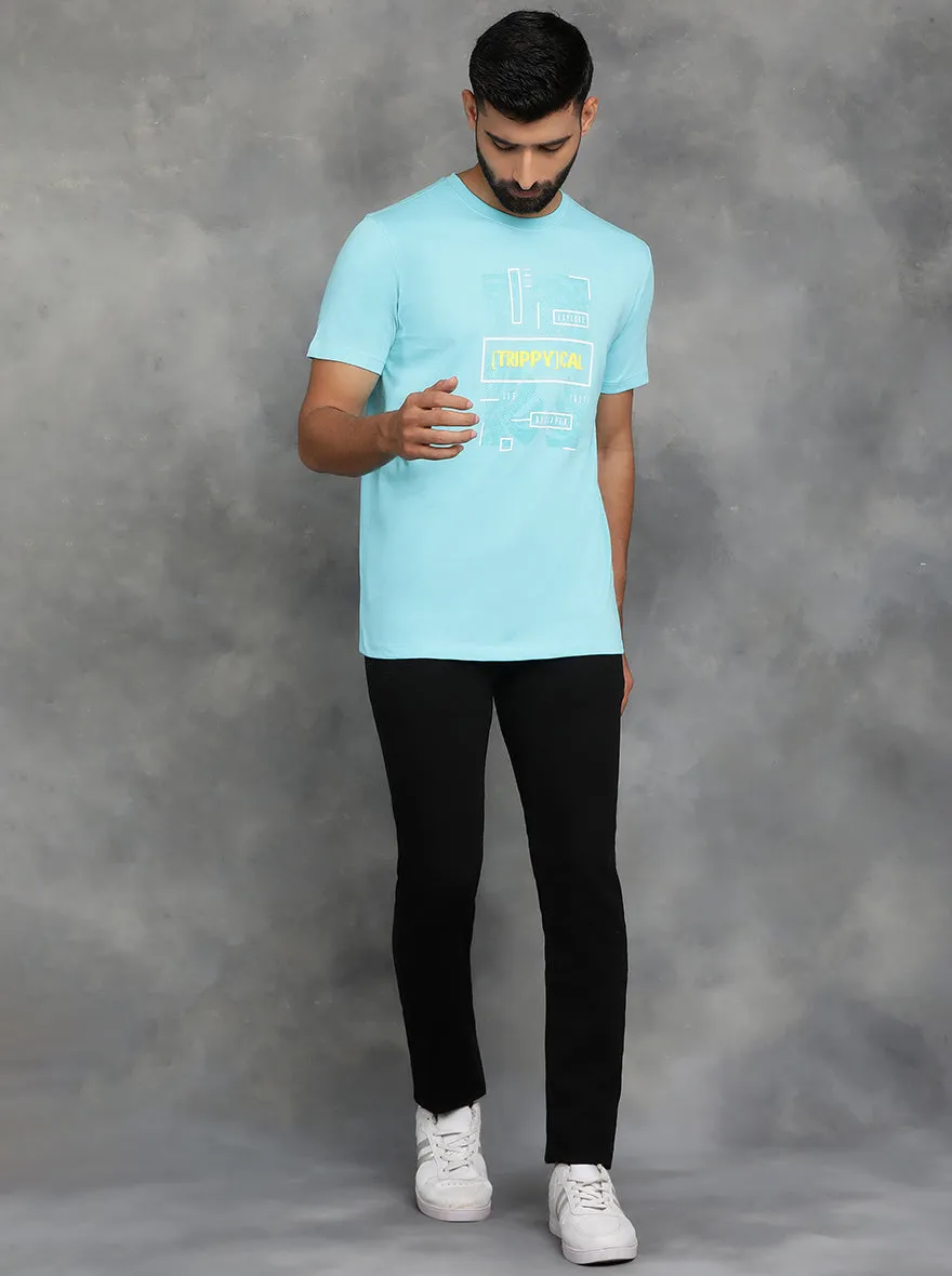 Aqua Blue Printed Slim Fit T-Shirt | GreenFibre