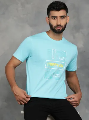 Aqua Blue Printed Slim Fit T-Shirt | GreenFibre