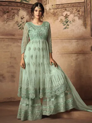 Aqua Blue Thread Embroidered Party Wear Sharara Suit