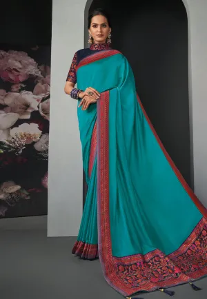 Aqua Blue Traditional Multi Embroidered Silk Saree