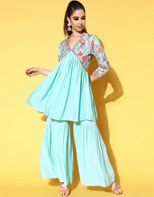 Aqua Blue Viscose Rayon Suit Sharara