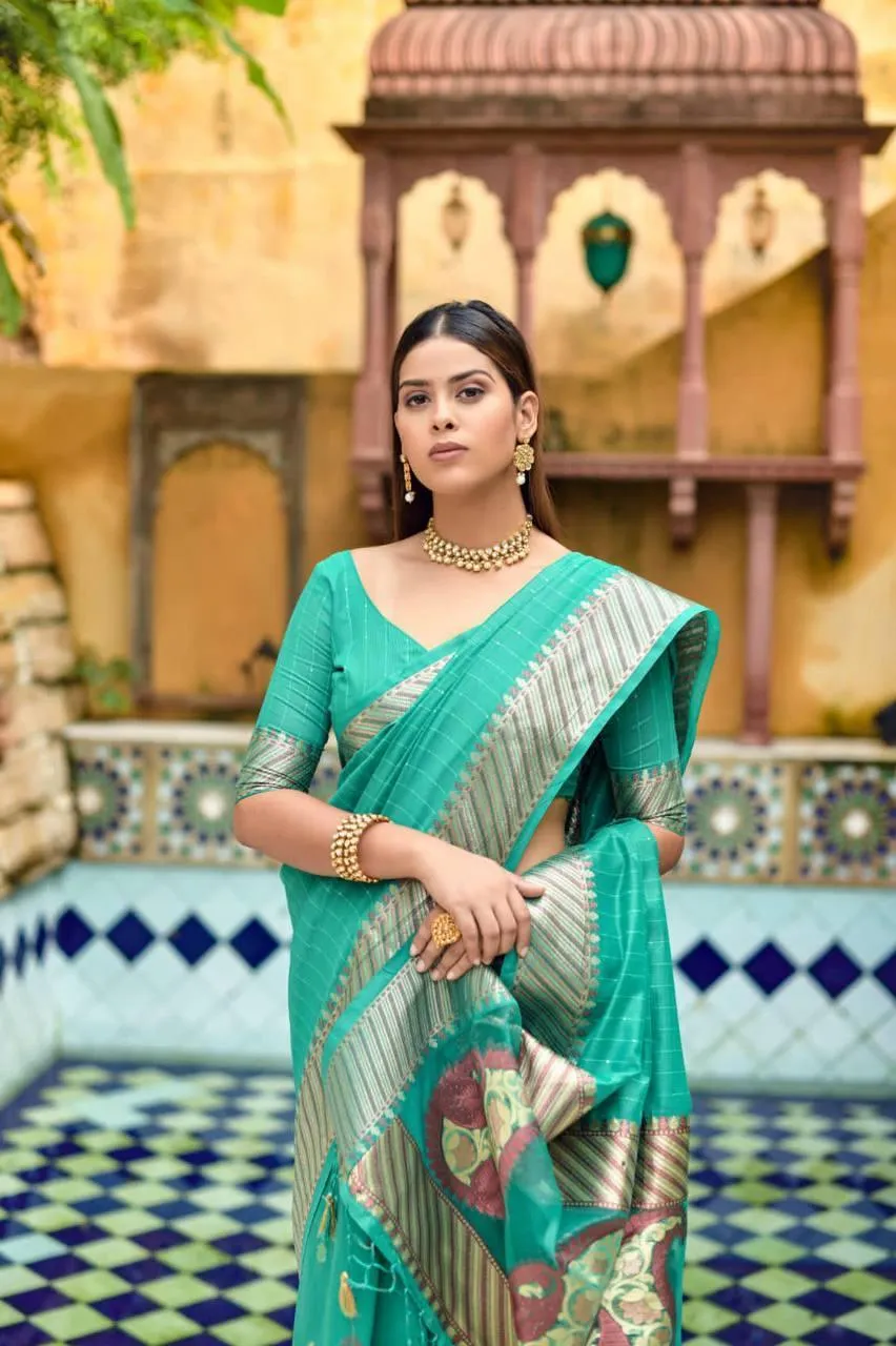 Aqua Green Cotton Silk Premium Sequins Saree