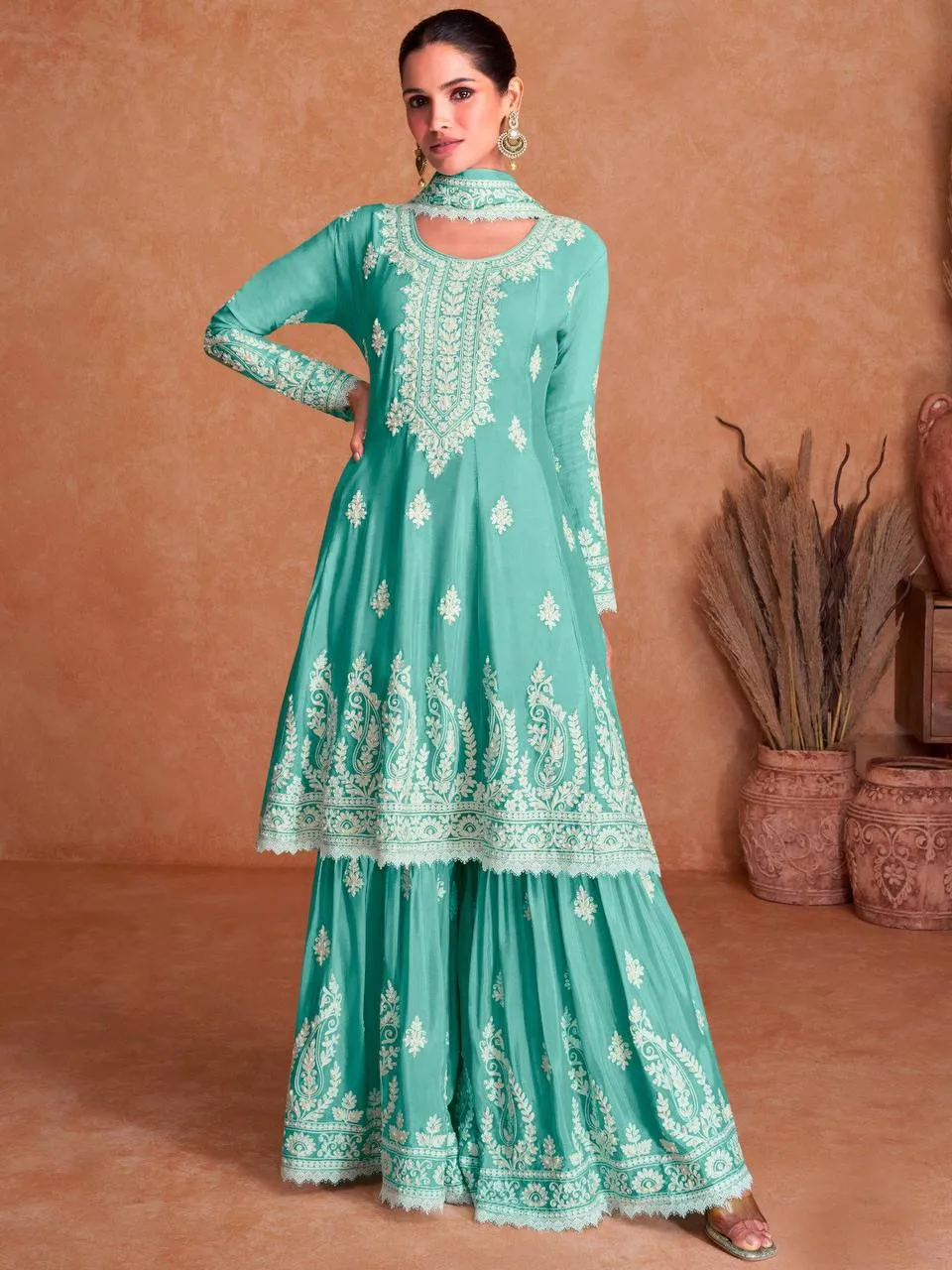 Aqua Green Embellished Chinon Zari Stitched Palazzo Suit Set