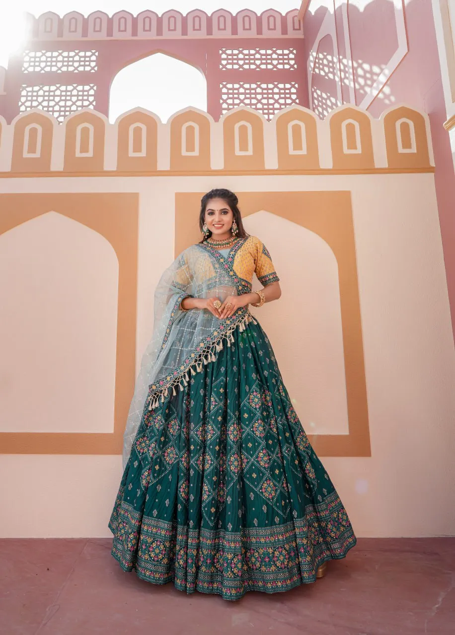 Aqua Green Full Stitched Lehenga Choli Set with Heavy Foil Print and Embroidery Work with Men Kurta Combo