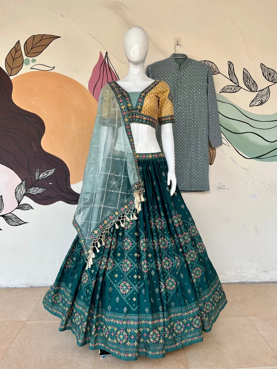 Aqua Green Full Stitched Lehenga Choli Set with Heavy Foil Print and Embroidery Work with Men Kurta Combo