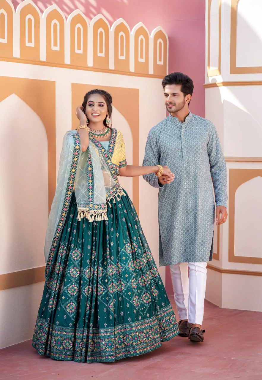 Aqua Green Full Stitched Lehenga Choli Set with Heavy Foil Print and Embroidery Work with Men Kurta Combo