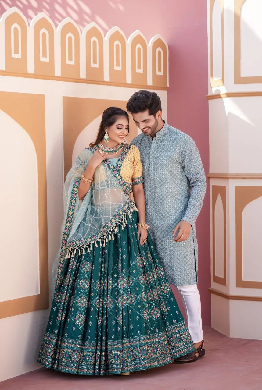 Aqua Green Full Stitched Lehenga Choli Set with Heavy Foil Print and Embroidery Work with Men Kurta Combo