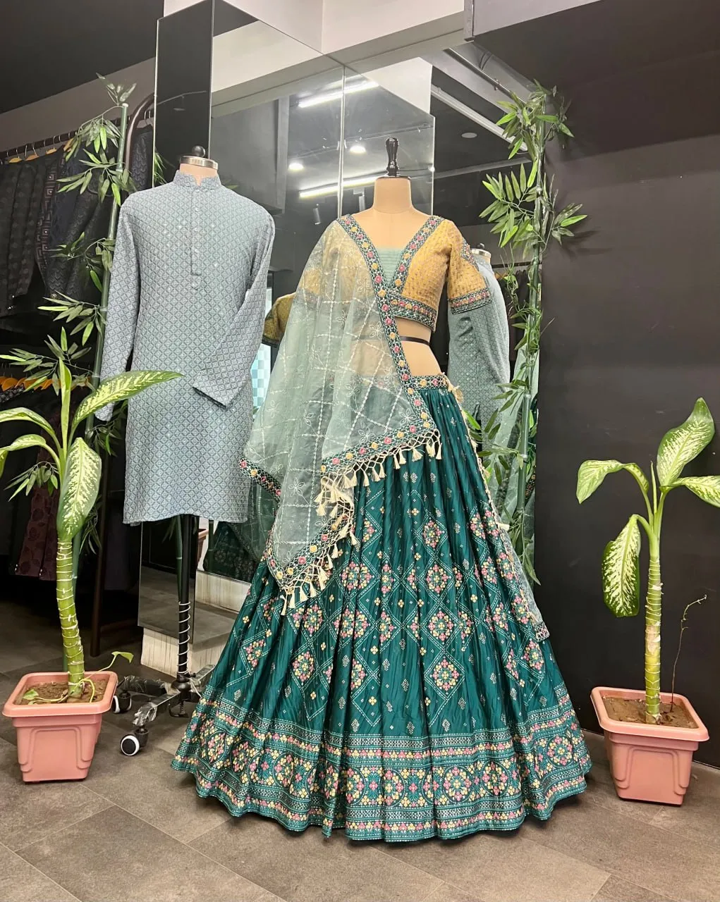 Aqua Green Full Stitched Lehenga Choli Set with Heavy Foil Print and Embroidery Work with Men Kurta Combo