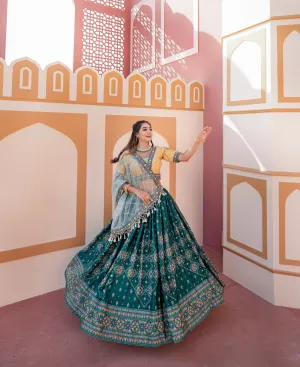 Aqua Green Full Stitched Lehenga Choli Set with Heavy Foil Print and Embroidery Work