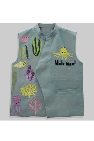 Aqua green sea creatures embroidered nehru jacket