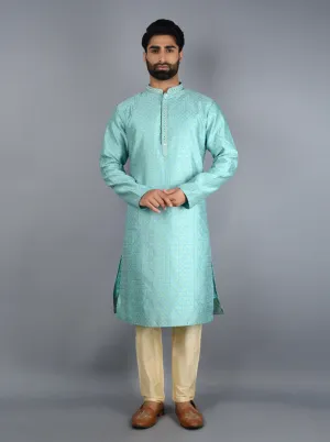 Aqua Green Self Design Regular Fit Kurta Set | Azania