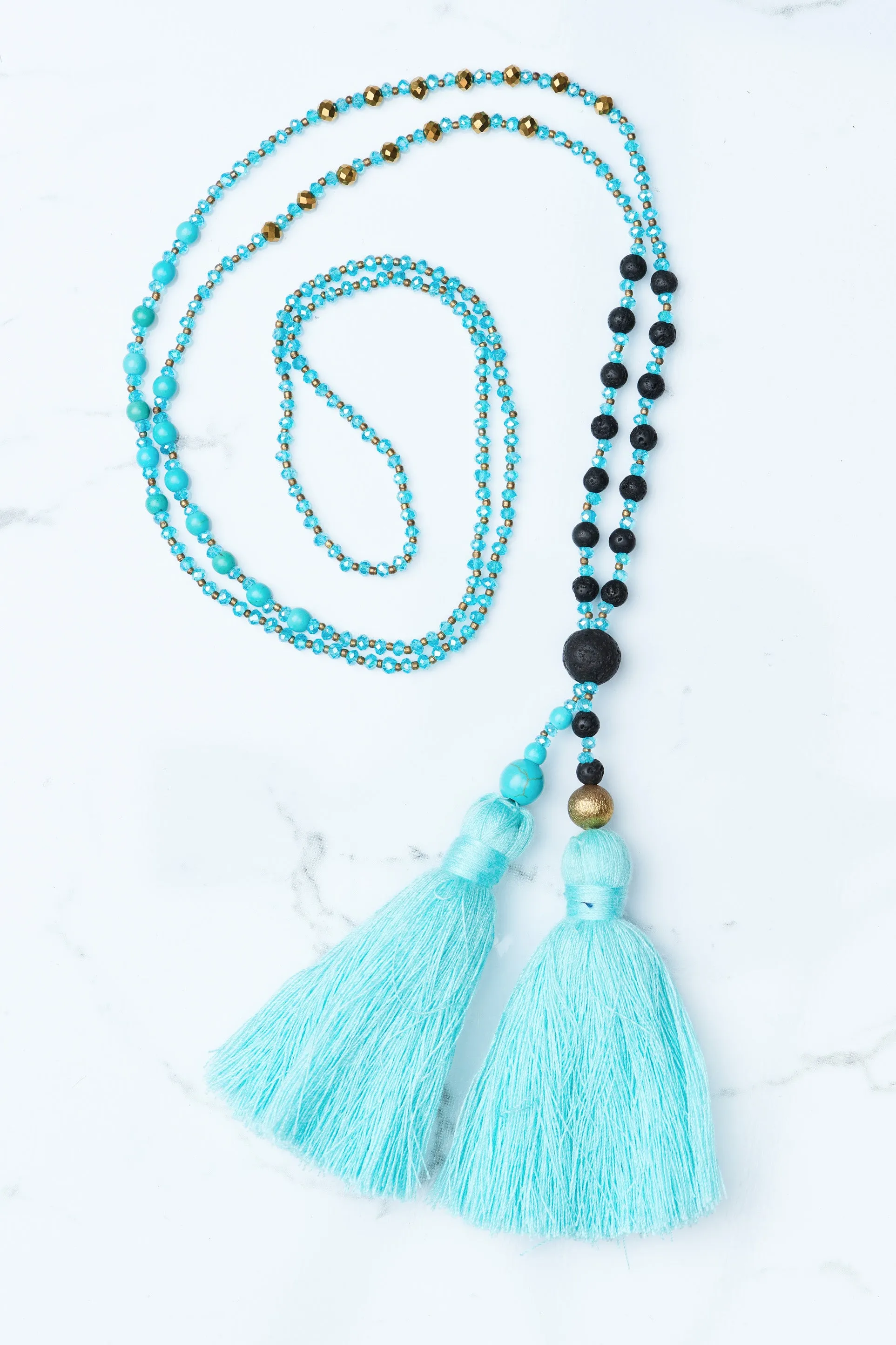 Aqua Multi Beaded Double Tassel Necklace