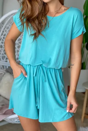 Aqua Tie Waist Romper with Pockets