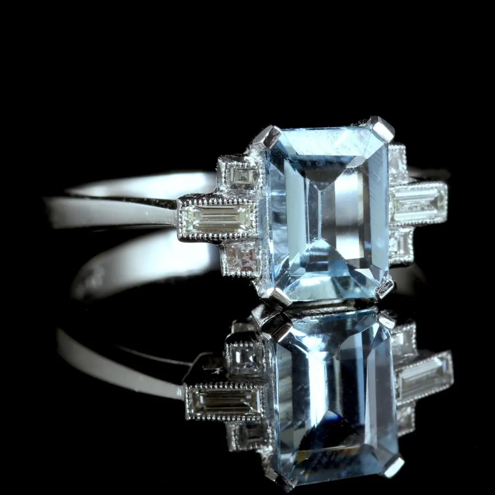 Aquamarine Diamond Ring Platinum Engagement Ring