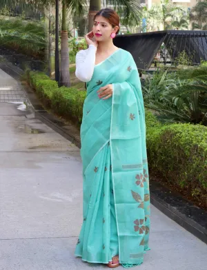 Aquamarine Saree in Pure Linen Copper Woven