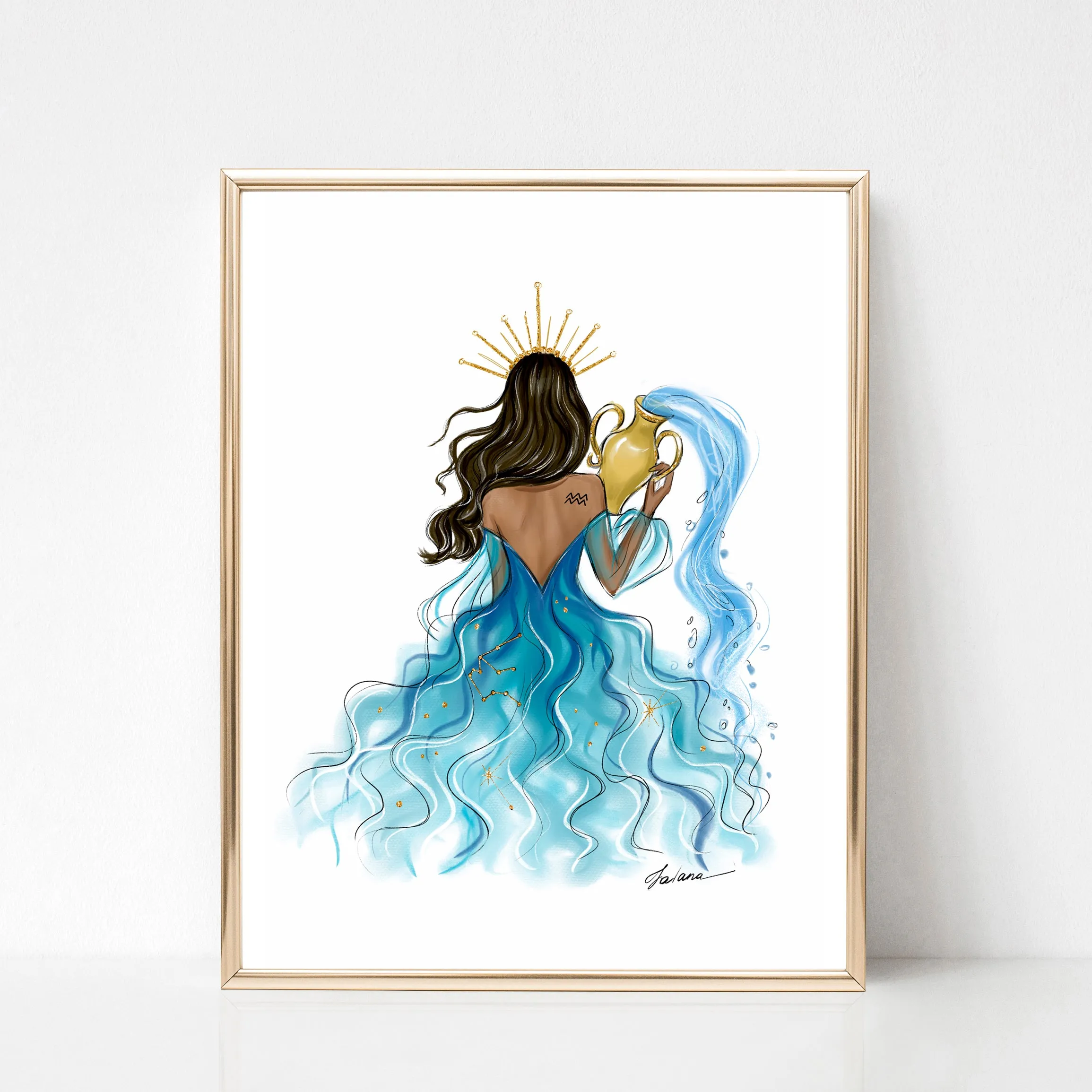 Aquarius Sign Girl in blue dress Zodiac inspired fashion illustration art print