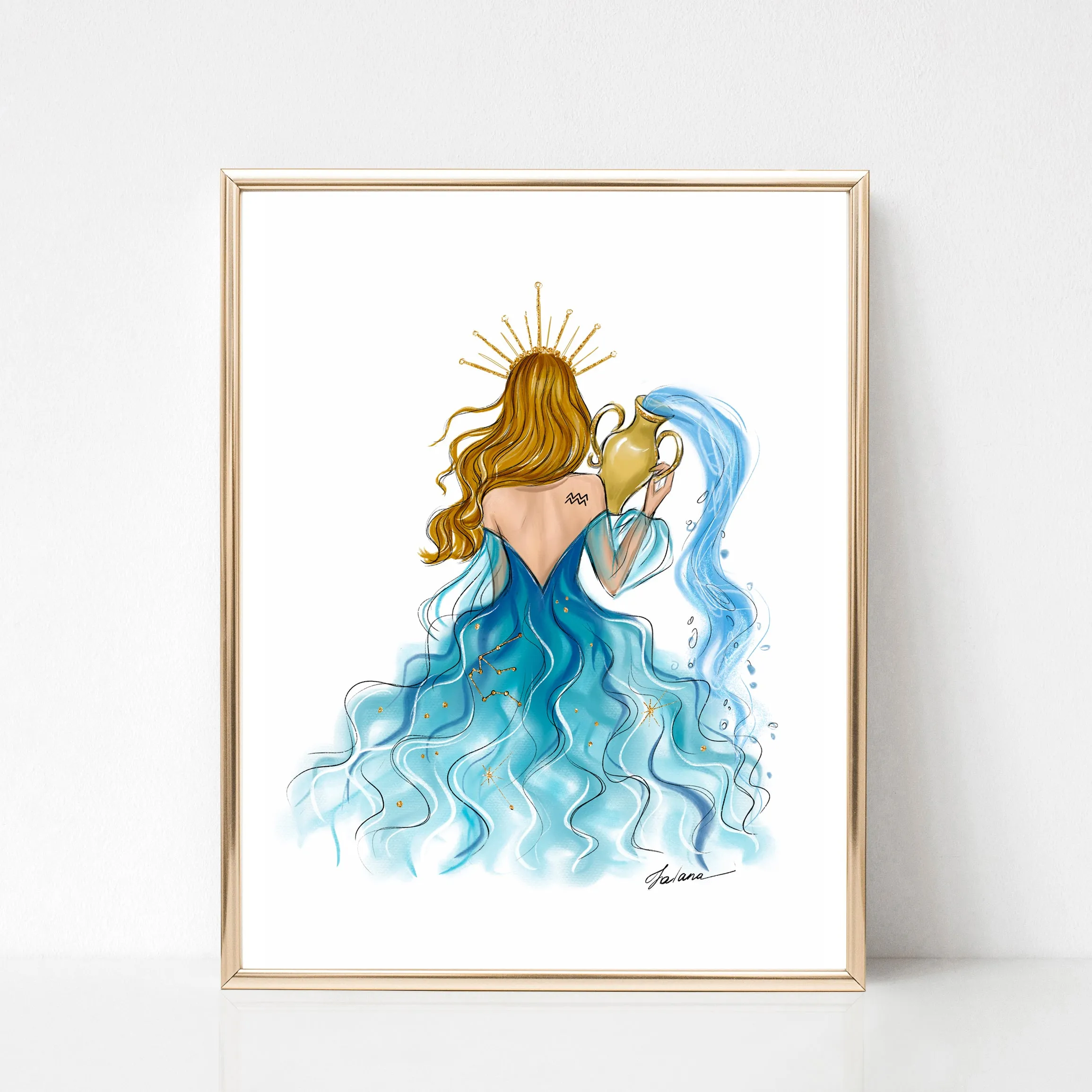 Aquarius Sign Girl in blue dress Zodiac inspired fashion illustration art print