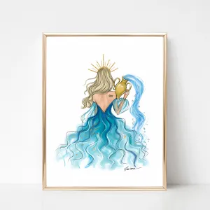 Aquarius Sign Girl in blue dress Zodiac inspired fashion illustration art print