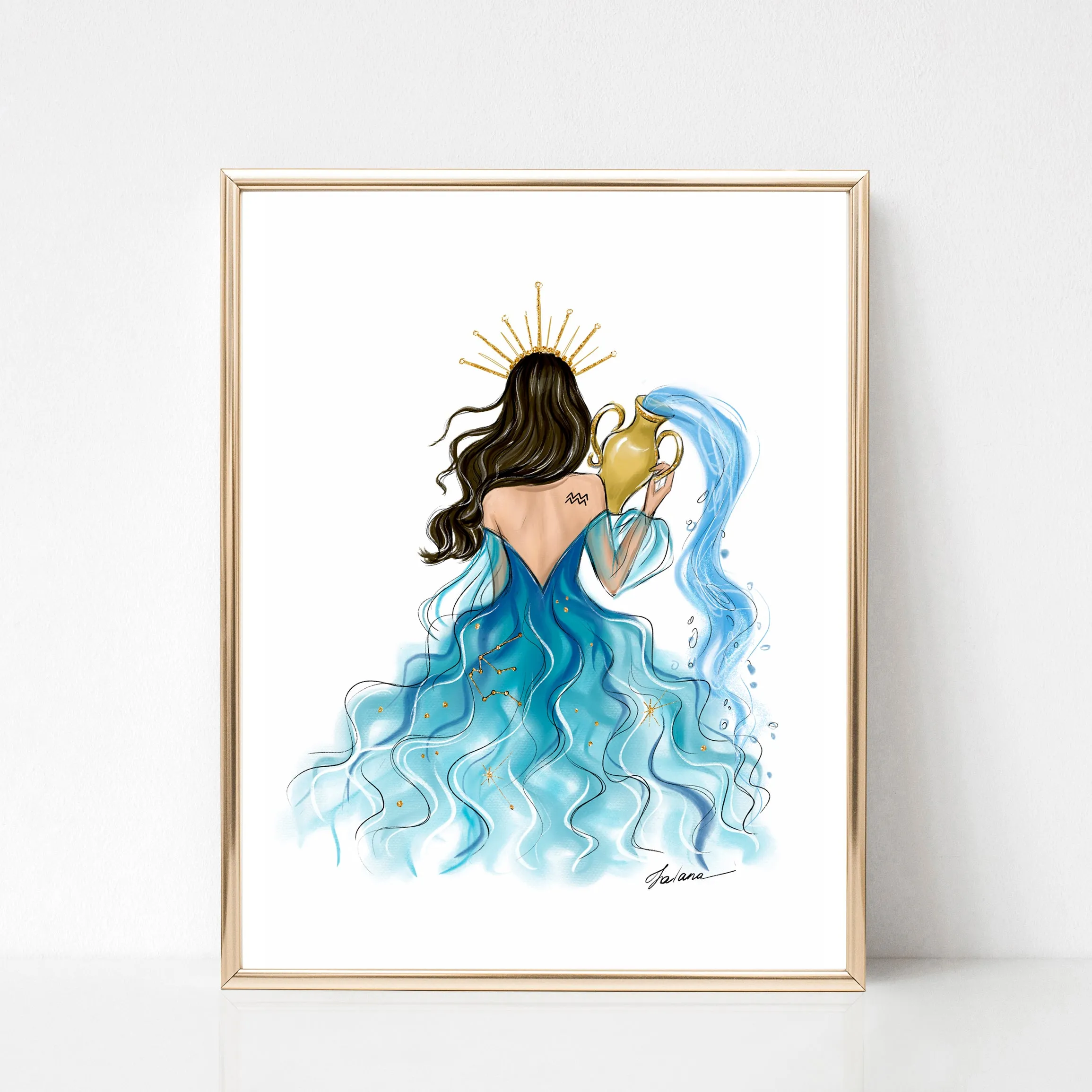 Aquarius Sign Girl in blue dress Zodiac inspired fashion illustration art print