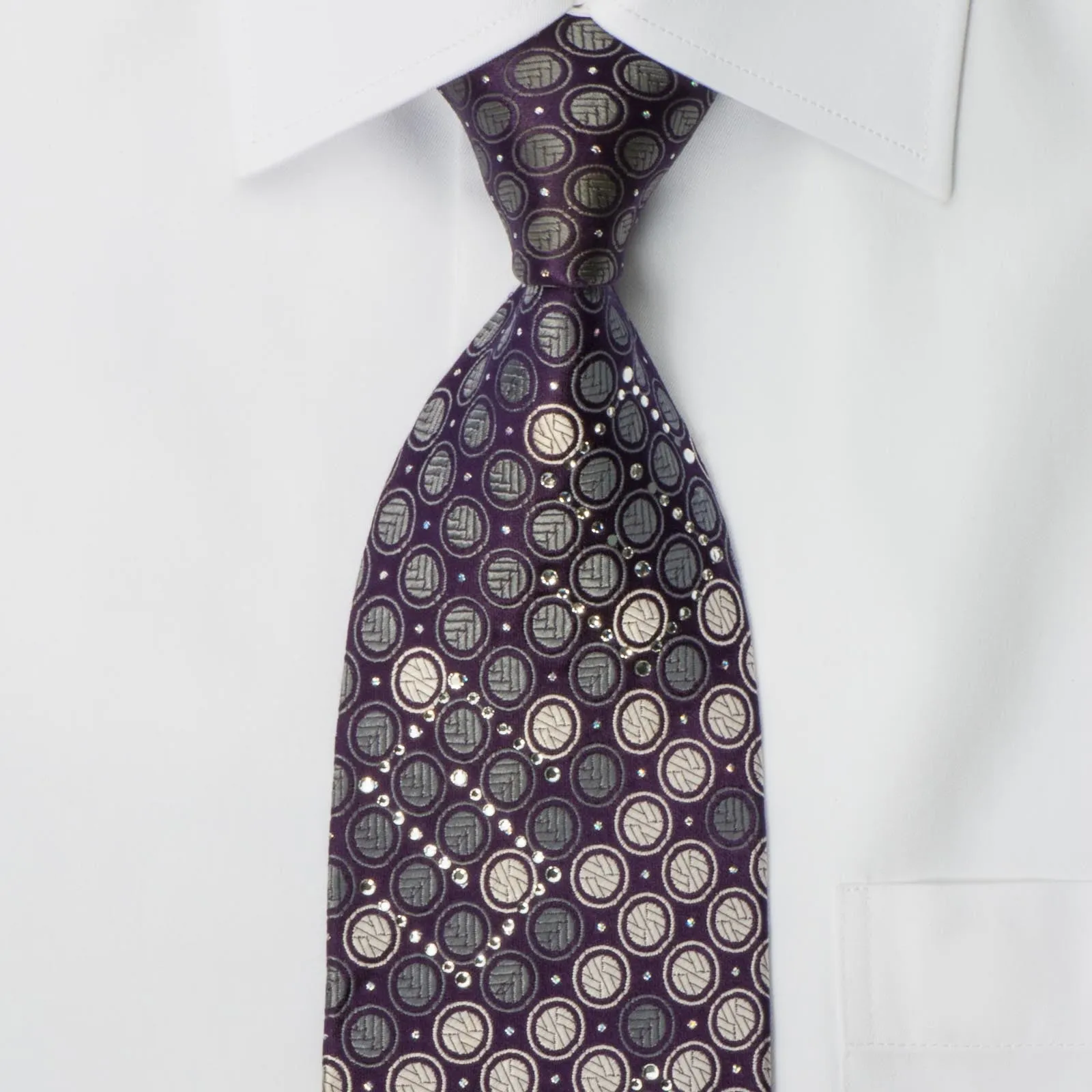 Aquascutum Rhinestone Tie Silver Geometric Dots On Purple With Silver Sparkles